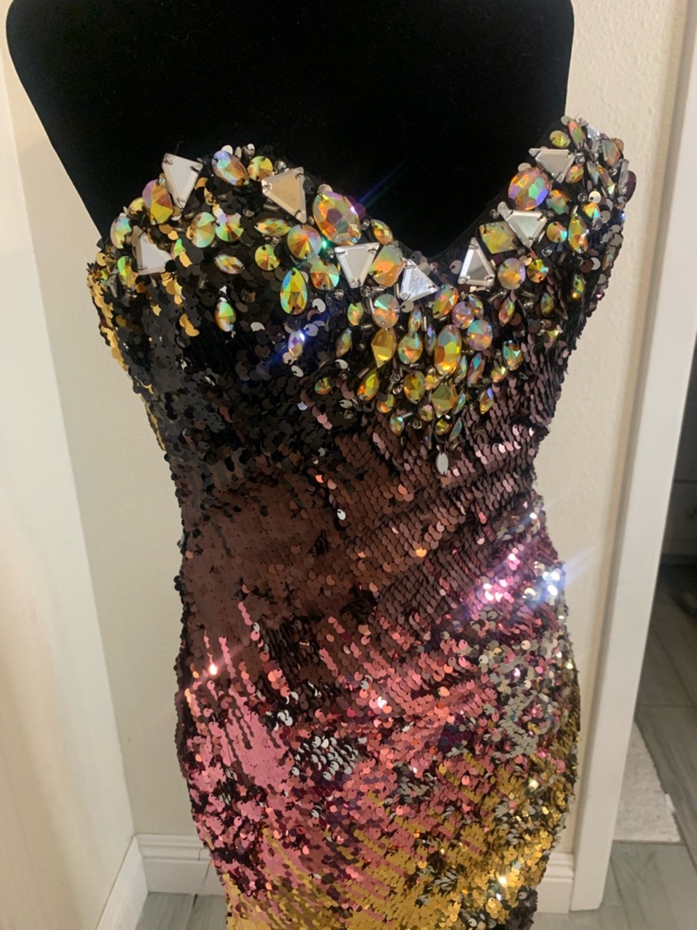 Strapless Asymmetrical Evening Dress with Jewel Accents